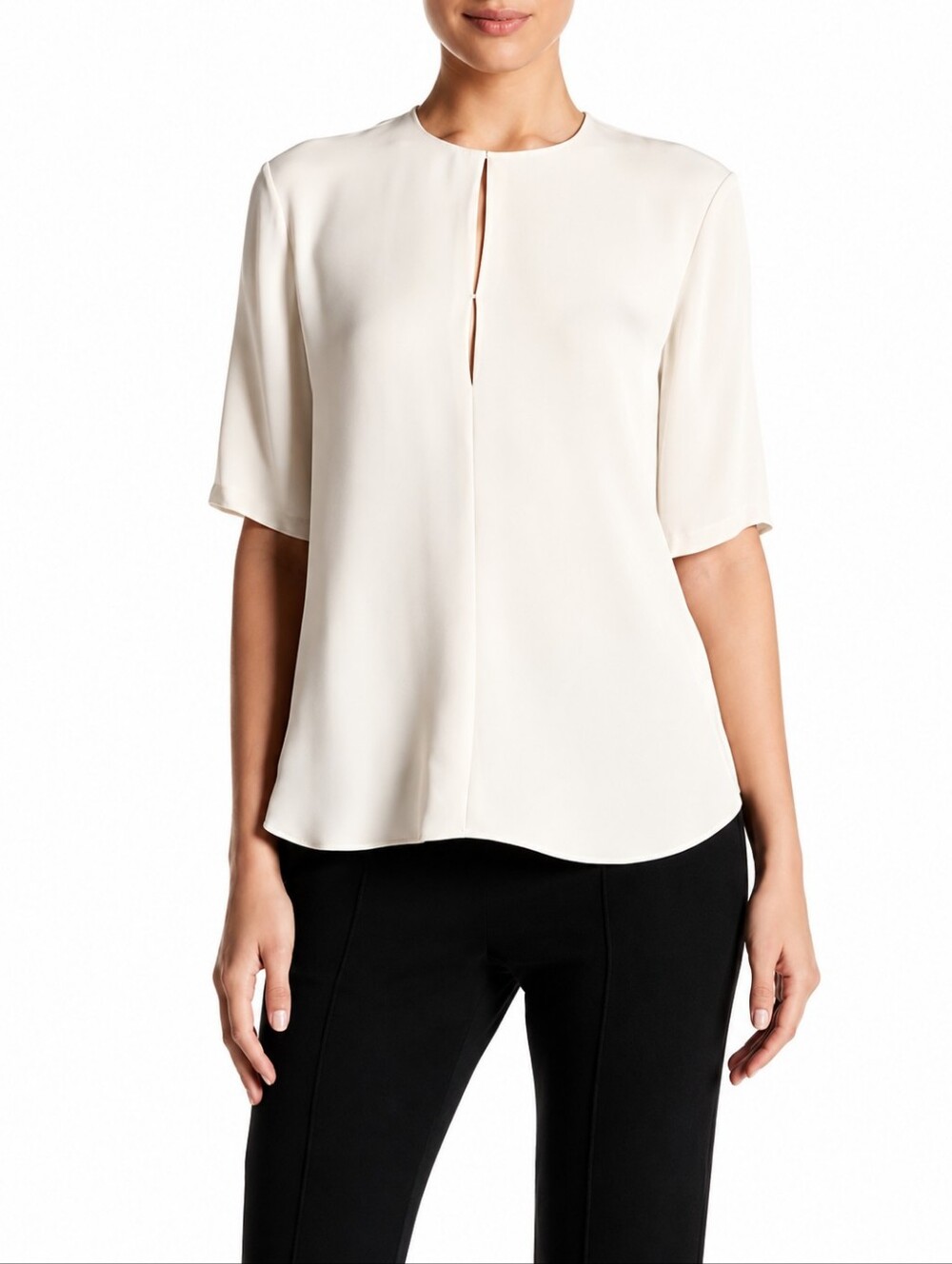 Women's Short-Sleeve Keyhole Blouse - Beige